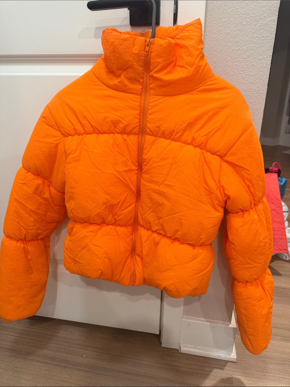 SHEIN Neon Orange Cropped Puffer Bomber Jacket